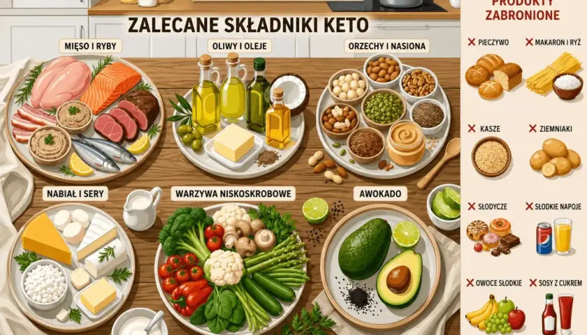 Zalecane składniki diety keto: mięso, ryby, nabiał, warzywa, awokado, oliwy, orzechy. Produkty zakazane: pieczywo, makaron, ziemniaki, słodycze.