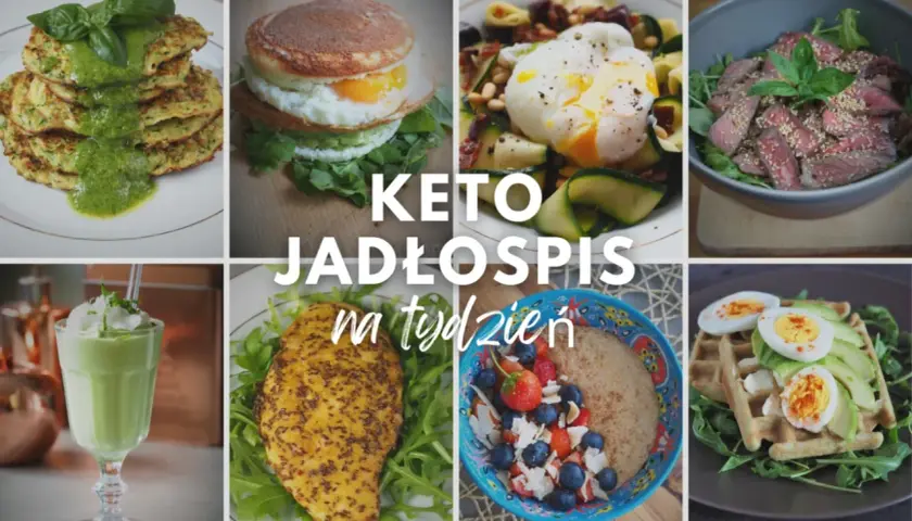 Keto jadłospis na tydzień: placki cukiniowe, jajko sadzone z awokado, sałatka z wołowiną, kurczak, owsianka z owocami i gofry z jajkiem.