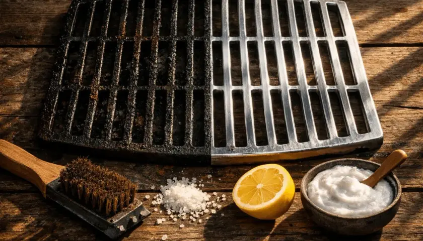 Połówka rusztu do grillowania brudna, druga czysta. Obok szczotka, sól, cytryna i pasta.