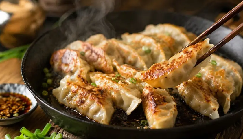 Gorące, rumiane pierożki gyoza parują na patelni. Jedna sztuka jest podnoszona pałeczkami, gotowa do zanurzenia w sosie.