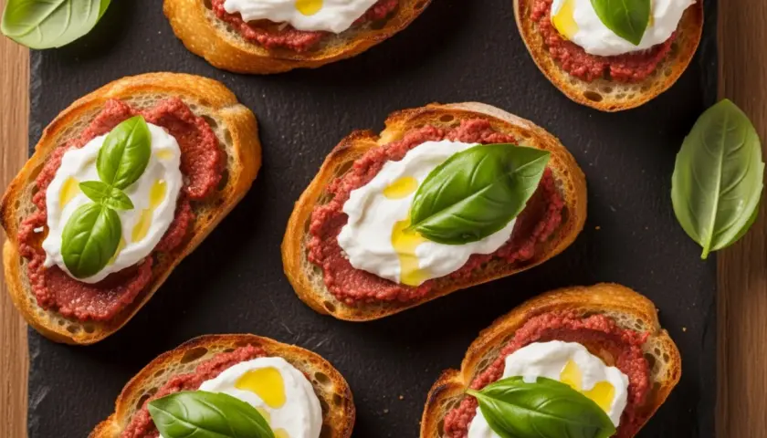 Chrupiące grzanki z kremowym serem, pikantną pastą (może nduja?) i świeżą bazylią. Pyszne, prawda?